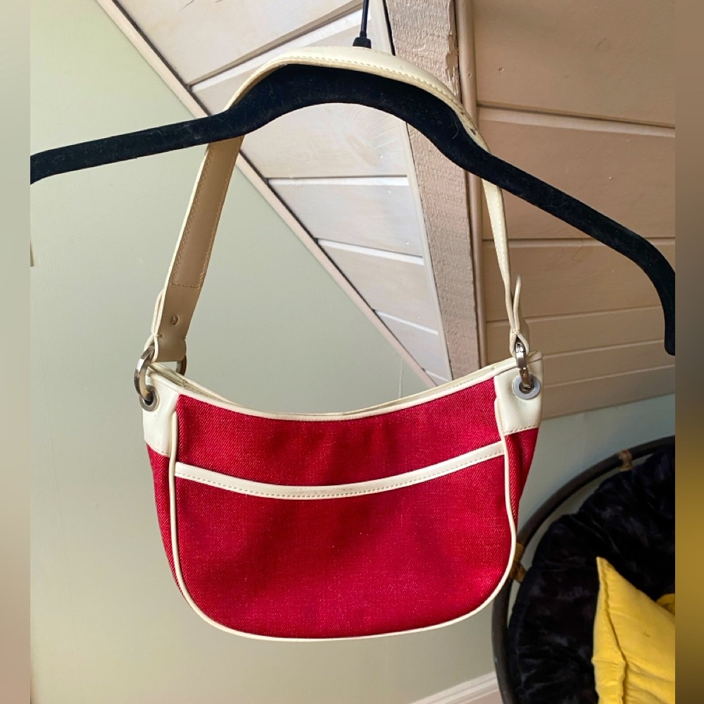 Ann Taylor Red Canvas & White Faux Leather Shoulder Purse Floral Lining